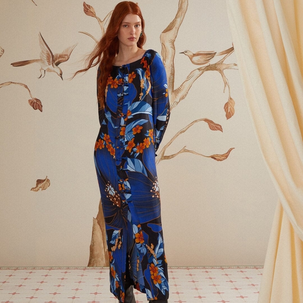 FARM Rio Blue and Orange Bishop Sleeve Gown